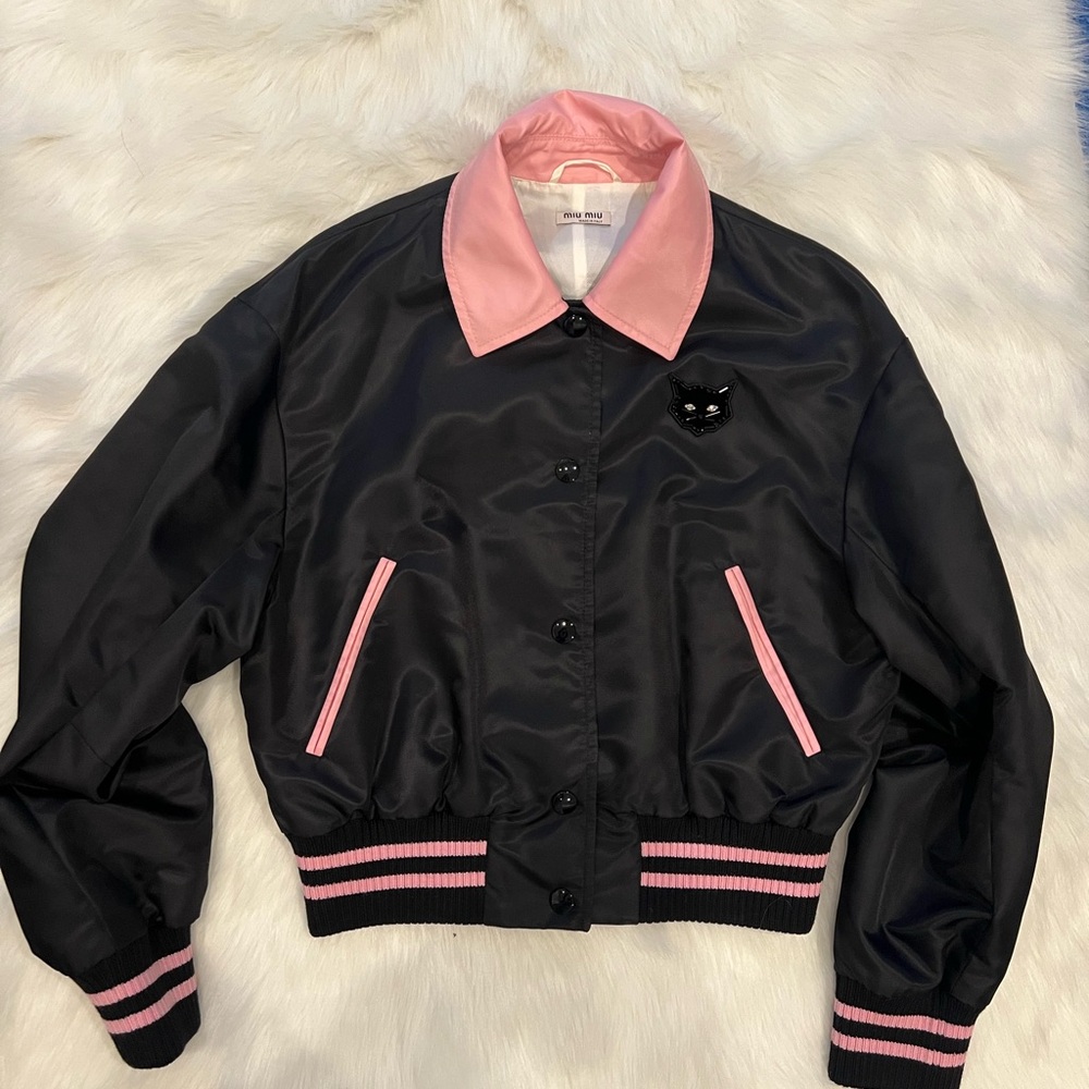 Miu Miu Black and Pink Bomber Jacket Satin Finish